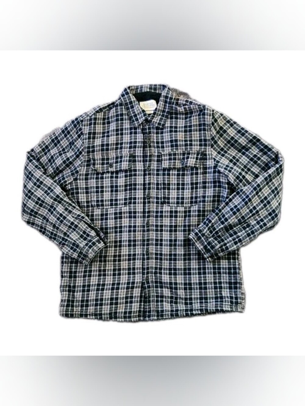 Boston Traders Fleece Lined Flannel Jacket Mens L Blue Plaid Heavyweight Cotton